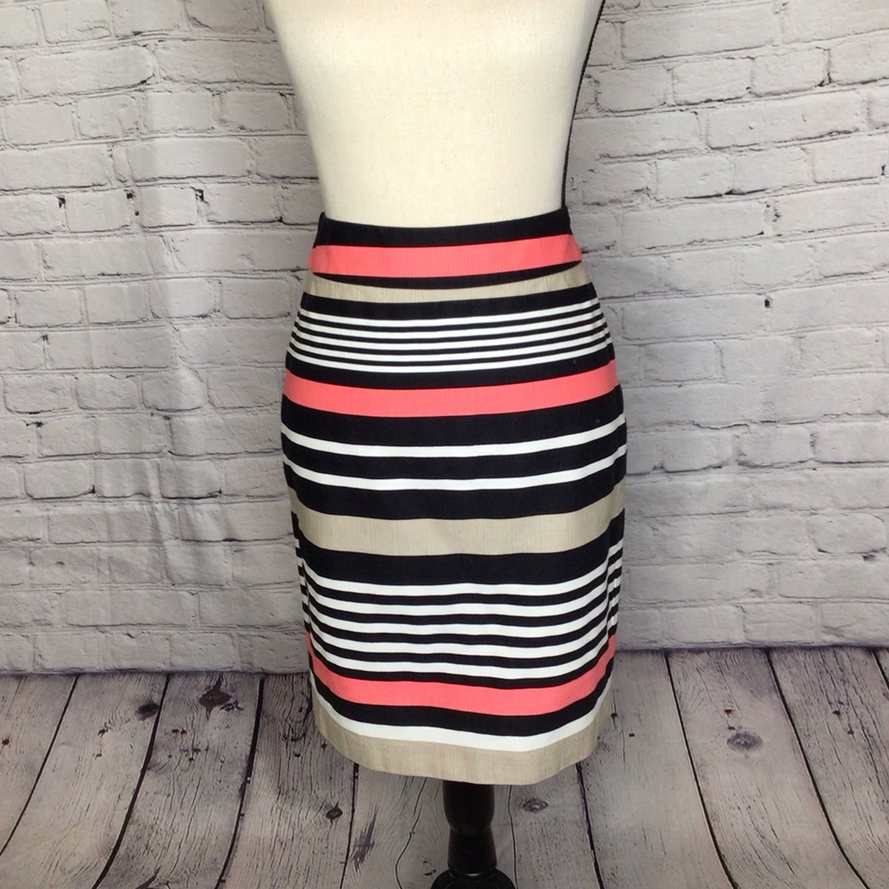 Banana Republic Factory Striped Pencil Skirt Black Tan Coral White 4 NWOT